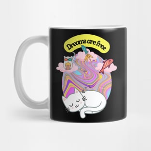 White cat dreaming of food and fun in a psychedelic world Mug